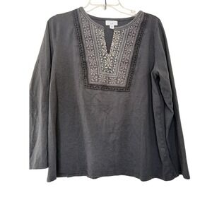 J Jill Gray Embroidered V Neck modal blend Tunic Top Women Size L
